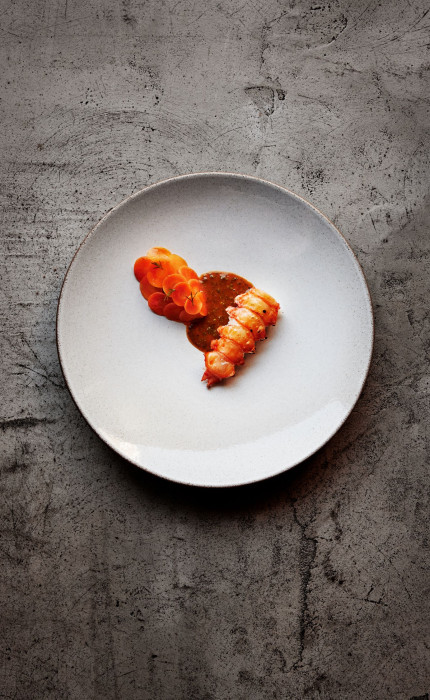 Mikael Svensson – two-Michelin-star chef from Oslo, langoustine dish.