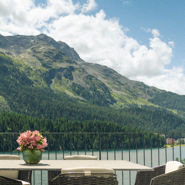 Summer view of the mountains with a lake panorama.